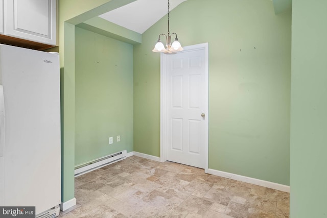 unfurnished room with vaulted ceiling, baseboard heating, and a chandelier