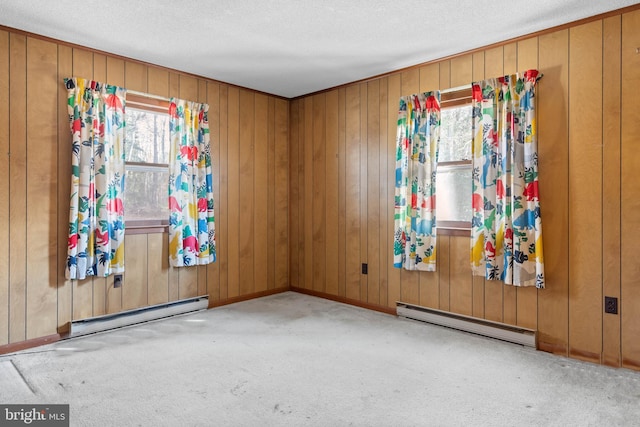 carpeted empty room with wood walls, a healthy amount of sunlight, and baseboard heating