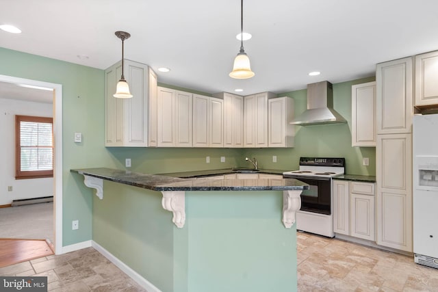 kitchen with white appliances, a baseboard heating unit, sink, wall chimney exhaust hood, and decorative light fixtures