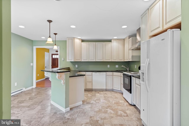 kitchen with a kitchen bar, white appliances, wall chimney range hood, pendant lighting, and a baseboard radiator