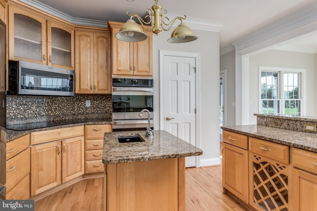 kitchen featuring backsplash, light hardwood / wood-style floors, appliances with stainless steel finishes, and a kitchen island with sink