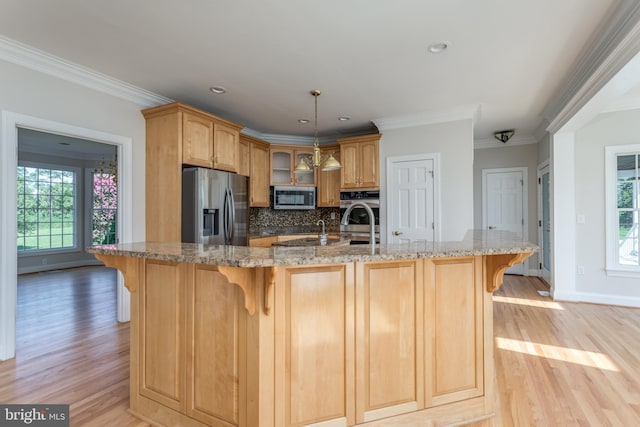 kitchen with appliances with stainless steel finishes, a healthy amount of sunlight, and light hardwood / wood-style floors