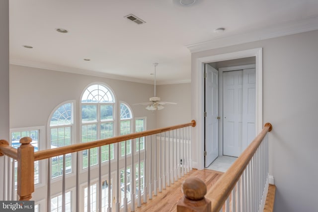 hall with a wealth of natural light, ornamental molding, and light hardwood / wood-style floors