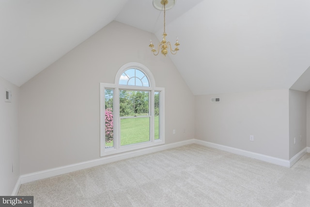 additional living space with light colored carpet, a chandelier, and vaulted ceiling