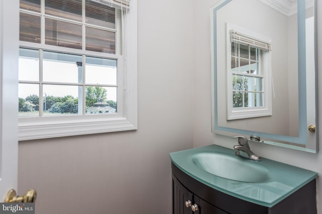 bathroom featuring plenty of natural light, ornamental molding, and vanity