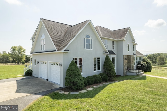 view of side of home with a yard and a garage