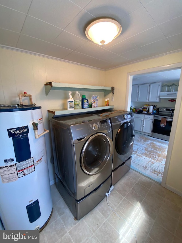 laundry room with laundry area, electric water heater, and independent washer and dryer