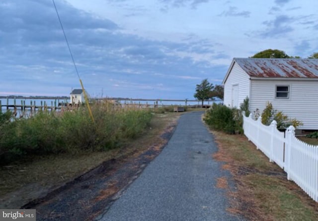 view of street with a water view