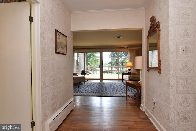 hallway with crown molding, a baseboard radiator, and dark wood-type flooring