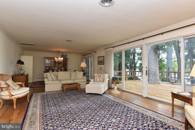 living area featuring a chandelier, ornamental molding, wood finished floors, and visible vents