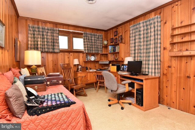 carpeted home office featuring wooden walls and ornamental molding