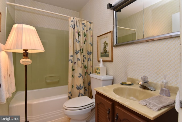 full bathroom with shower / bath combo with shower curtain, toilet, and vanity