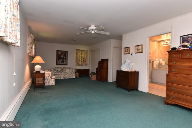 living area with baseboard heating, ceiling fan, and carpet