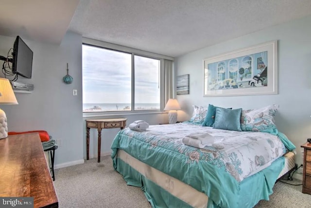 bedroom with carpet flooring, a textured ceiling, and baseboards