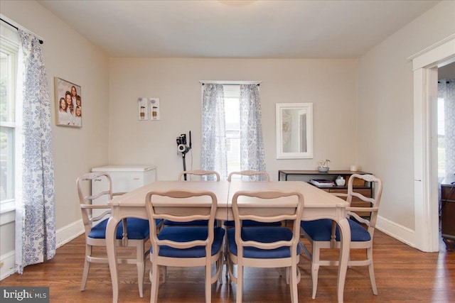 dining space with a healthy amount of sunlight and dark hardwood / wood-style flooring