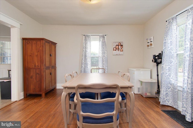 dining space with wood-type flooring and a wealth of natural light