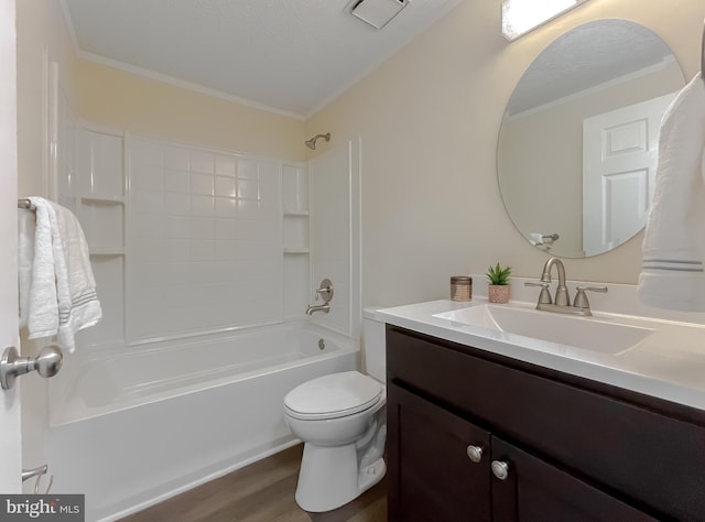 full bathroom featuring vanity, shower / tub combination, crown molding, toilet, and hardwood / wood-style flooring