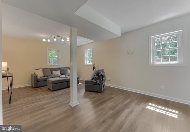 living room with track lighting and wood-type flooring