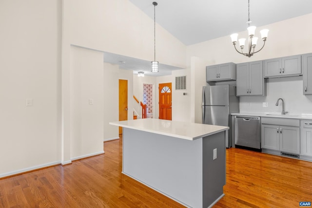 kitchen with appliances with stainless steel finishes, a sink, and gray cabinetry