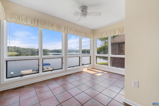 unfurnished sunroom featuring a ceiling fan, visible vents, and a water view