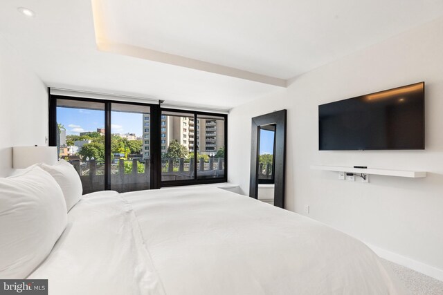 bedroom with access to outside and baseboards