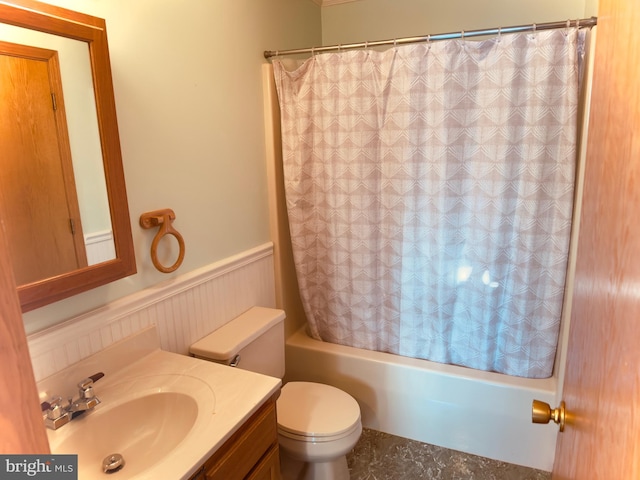 full bathroom featuring shower / bath combination with curtain, vanity, toilet, and wooden walls