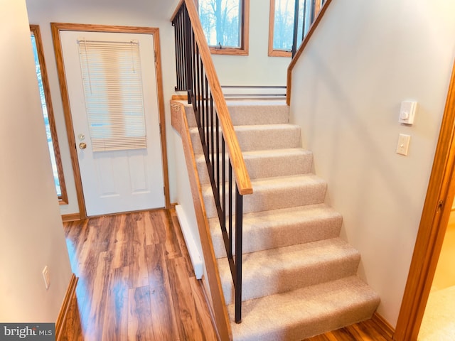 stairway with hardwood / wood-style floors and baseboard heating