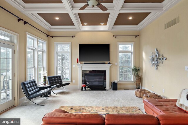 living room with coffered ceiling, ceiling fan, carpet, and a healthy amount of sunlight