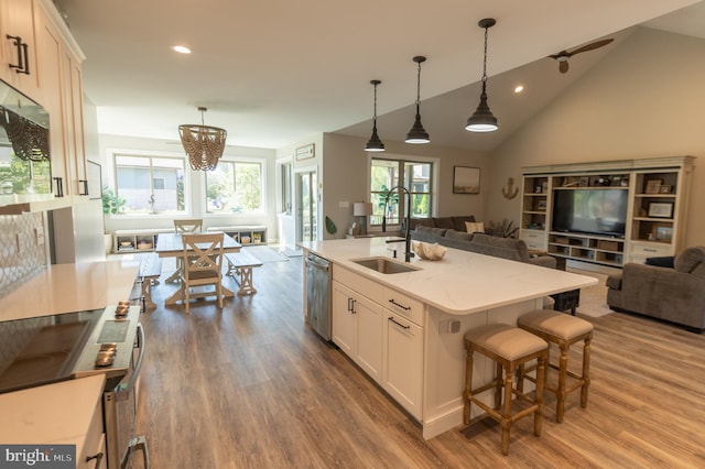 kitchen with plenty of natural light, sink, white cabinetry, and a kitchen island with sink