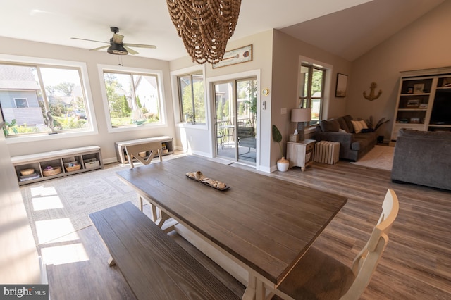 dining room featuring ceiling fan with notable chandelier, hardwood / wood-style flooring, and vaulted ceiling