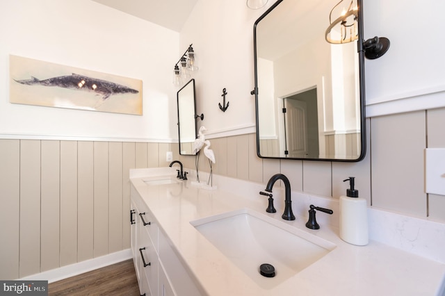 bathroom featuring vanity and wood-type flooring