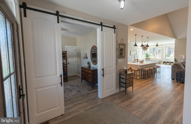 interior space with lofted ceiling, a barn door, and dark hardwood / wood-style floors