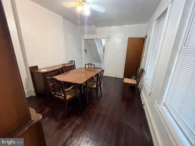 dining area featuring ceiling fan and dark hardwood / wood-style flooring