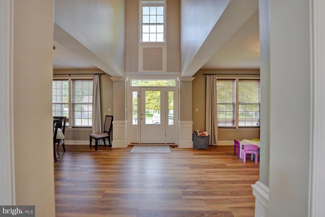 foyer with a high ceiling, wood finished floors, and baseboards