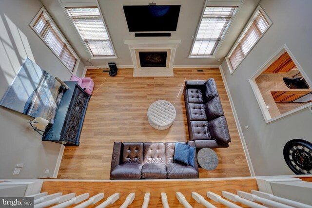 living room with wood finished floors, plenty of natural light, and a fireplace with flush hearth