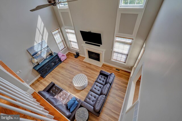 living area featuring wood finished floors, a towering ceiling, baseboards, and a premium fireplace