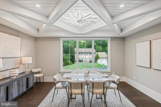 dining area with dark wood-type flooring, beamed ceiling, and coffered ceiling