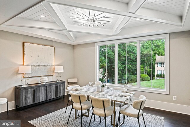 dining room with coffered ceiling, plenty of natural light, and beamed ceiling