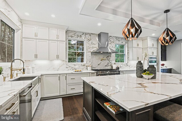 kitchen featuring hanging light fixtures, dark hardwood / wood-style floors, wall chimney exhaust hood, appliances with stainless steel finishes, and white cabinets