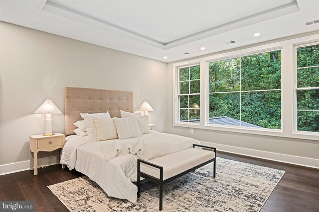 bedroom featuring a tray ceiling and dark hardwood / wood-style flooring