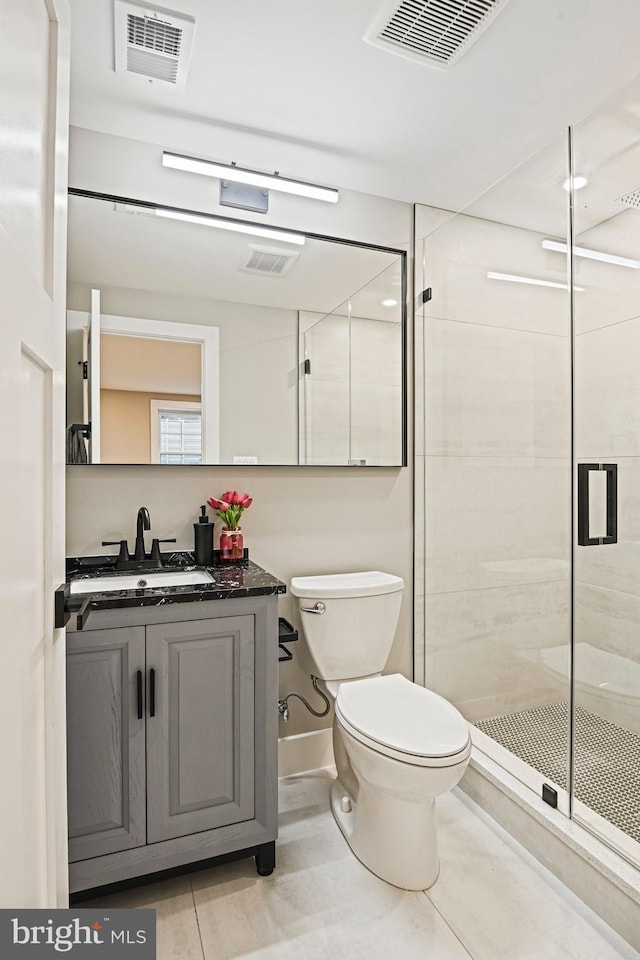 full bath with a stall shower, visible vents, vanity, and toilet