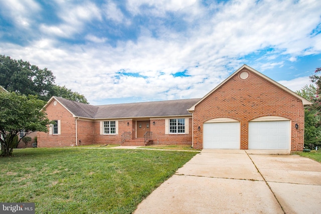 ranch-style house featuring brick siding, driveway, and a front yard