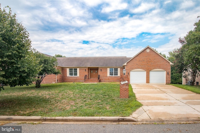 single story home with brick siding, concrete driveway, a front yard, and a garage