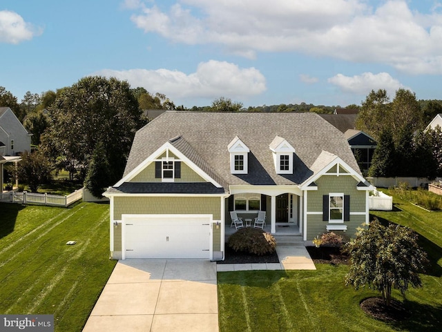 view of front of house with driveway, fence, covered porch, a front yard, and a shingled roof