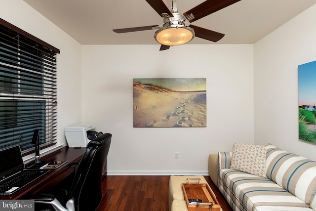 office featuring dark hardwood / wood-style flooring and ceiling fan