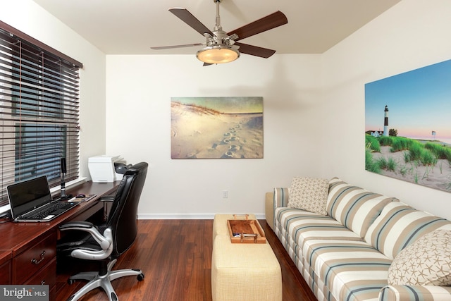 office with ceiling fan and dark hardwood / wood-style floors