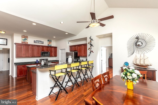 kitchen with vaulted ceiling, ceiling fan, a breakfast bar, dark hardwood / wood-style floors, and appliances with stainless steel finishes