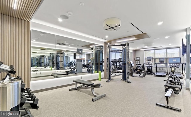 exercise room featuring light colored carpet