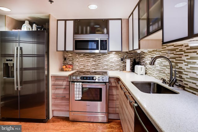 kitchen featuring appliances with stainless steel finishes, a sink, backsplash, and light wood finished floors