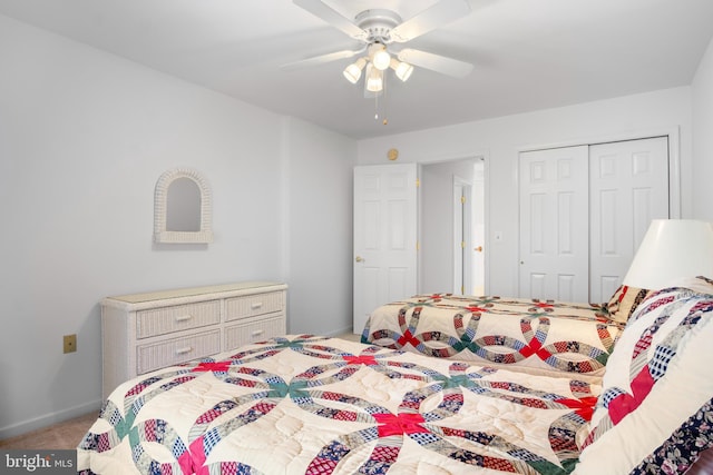 bedroom with carpet, ceiling fan, and a closet